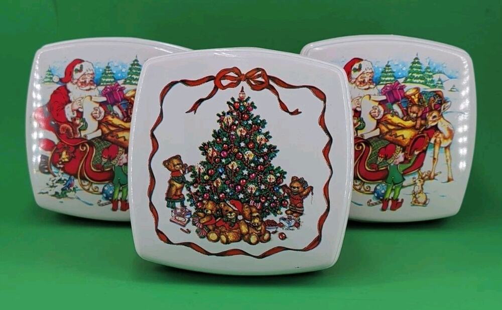 Vtg LOT 3 ULLMAN CO Christmas PLASTIC Lidded Cookie Candy CONTAINERS Made in USA